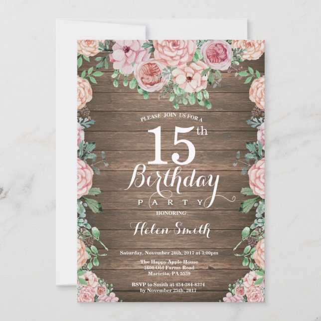 Invitación Rustic Floral Pink Peonies 15º cumpleaños (Anverso)