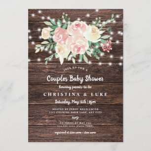 Invitación Rustic Floral String Lights chica ducha de bebé