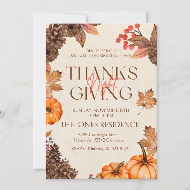 Invitación Rustic Floral Thanksgiving Dinner Pumpkin (Anverso)