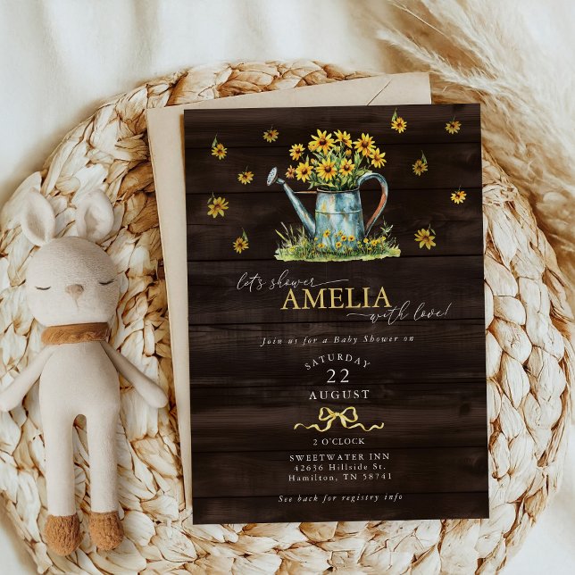 Invitación Rustic Floral Watering Can Baby Girl Shower (Rustic Floral Watering Can Baby Girl Shower Invitation)