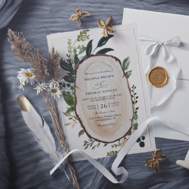 Invitación Rustic Foliage Farmhouse Budget QR Code Wedding (Subido por el creador)