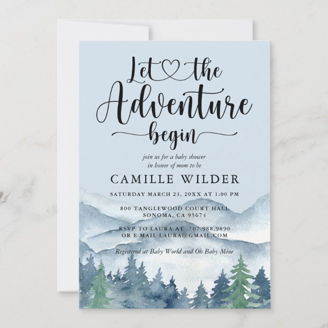 Invitación Rustic Forest Adventure Mountains Blue Baby Shower (Anverso)
