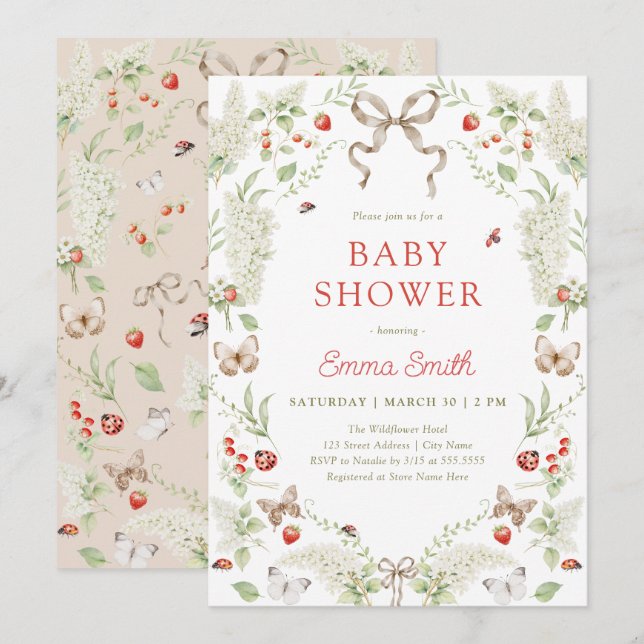 Invitación Rustic Forest Floral Bow Neutral Baby Shower (Anverso / Reverso)