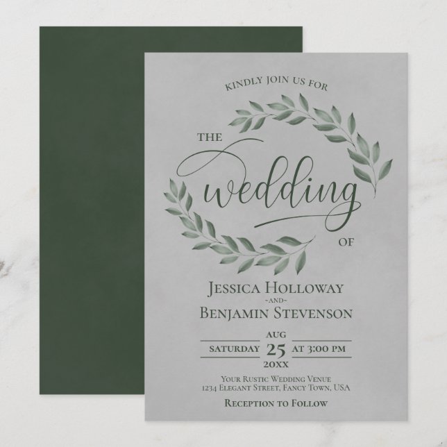 Invitación Rustic Forest Green Leaves Elegant Gray Wedding (Anverso / Reverso)