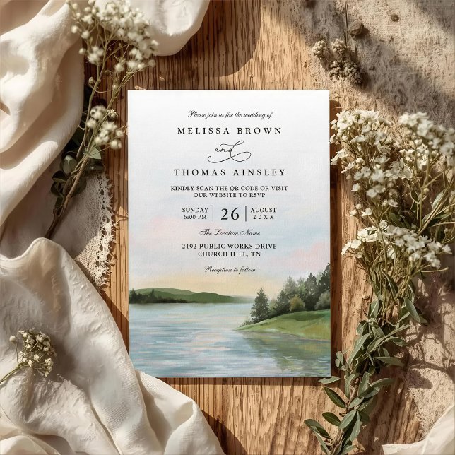 Invitación Rustic Forest Lake Landscape QR Code Wedding (Subido por el creador)