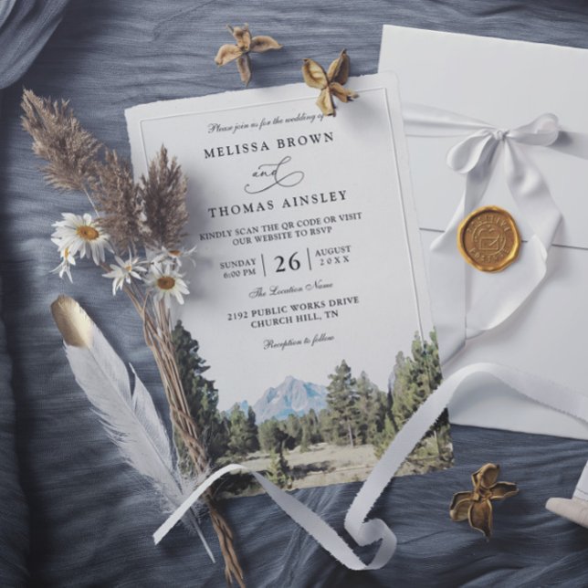 Invitación Rustic Forest Mountain Skyline QR Code Wedding (Subido por el creador)