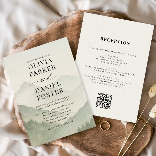 Invitación Rustic Forest Mountains QR Code Wedding  (Subido por el creador)