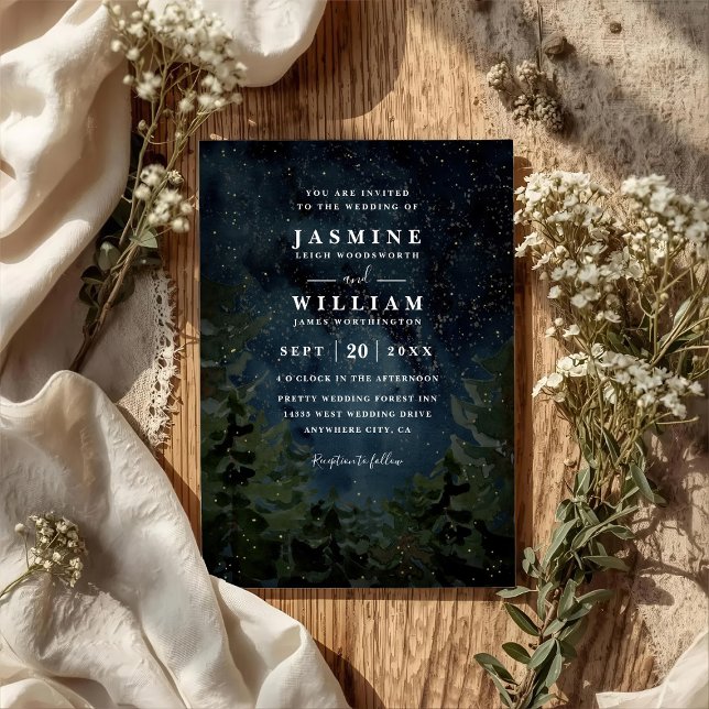 Invitación Rustic Forest Sky Night Elegant QR Code Wedding (Subido por el creador)