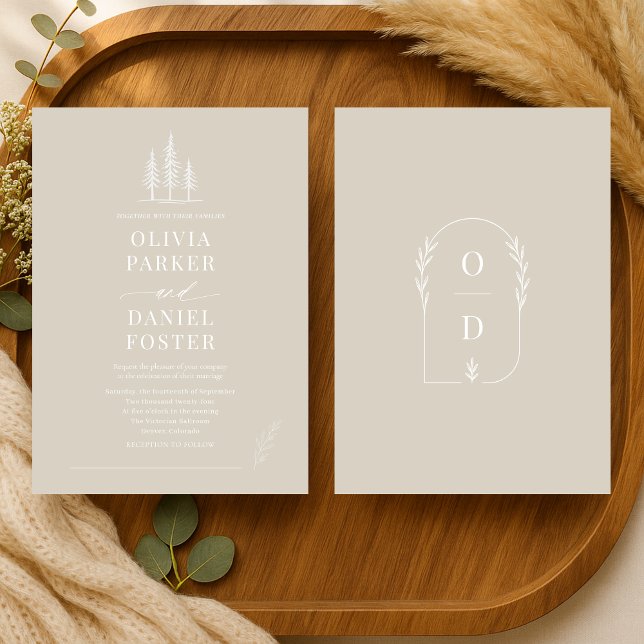 Invitación Rustic Forest Taupe Beige Line Art  Wedding (Subido por el creador)