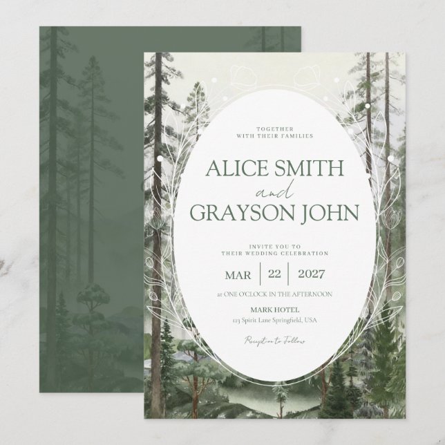 Invitación Rustic Forest Tree Classic Watercolor Wedding  (Anverso / Reverso)