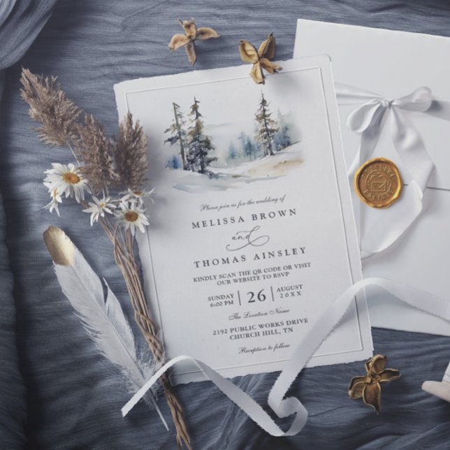 Invitación Rustic Forest Trees Pine Elegant QR Code Wedding (Subido por el creador)