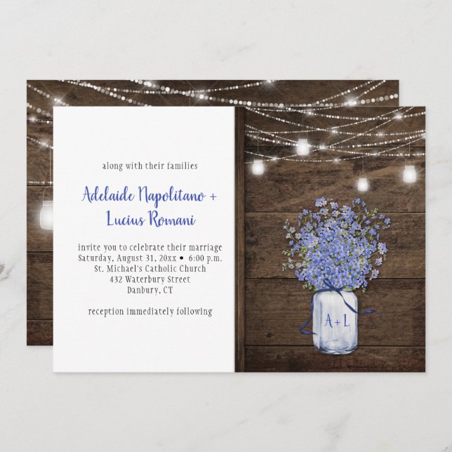 Invitación Rustic Forget Me Nots Mason Jar String Luces (Anverso / Reverso)