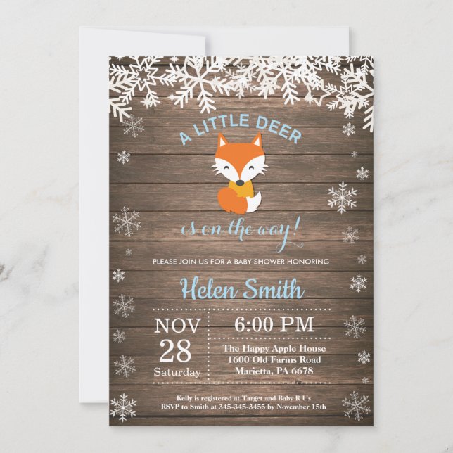 Invitación Rustic Fox Winter Boy Baby Shower (Anverso)