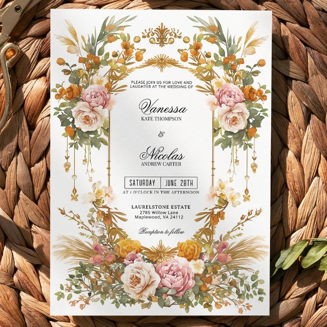 Invitación Rustic Garden Estate Blush Gold Floral Wedding  (Subido por el creador)