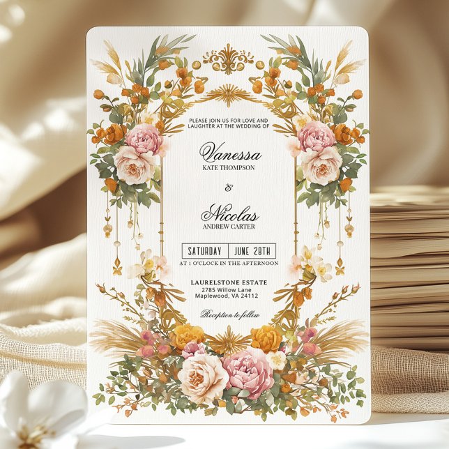 Invitación Rustic Garden Estate Blush Gold Floral Wedding  (Subido por el creador)