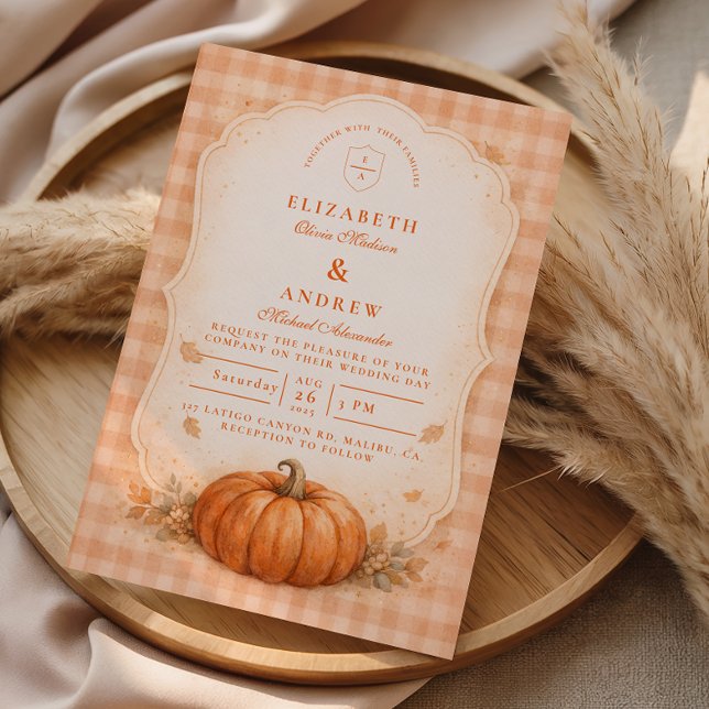 Invitación Rustic Gingham Pumpkin Fall Wedding (Subido por el creador)
