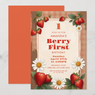 Invitación Rustic Gingham Strawberries Daisie 1er cumpleaños