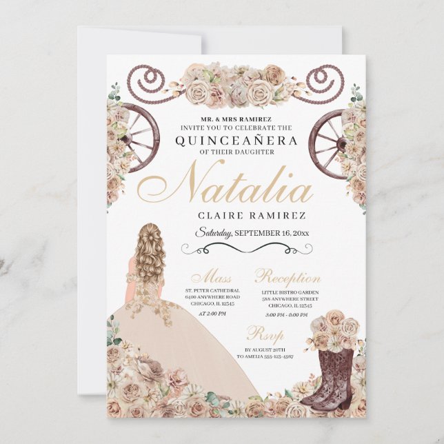 Invitación Rustic Gold Chamagne Western Quinceanera (Anverso)