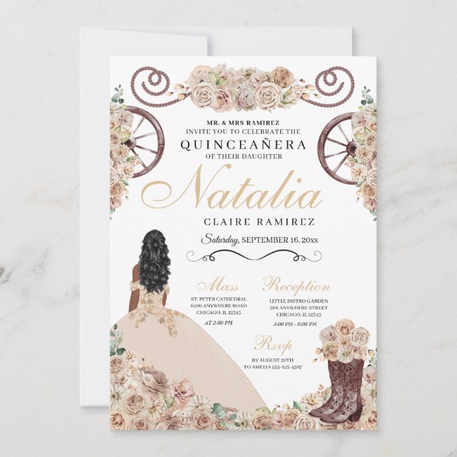 Invitación Rustic Gold Chamagne Western Quinceanera (Anverso)
