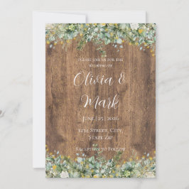 Invitación Rustic Gold Eucalyptus & White Floral Wood Wedding