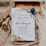 Invitación Rustic Gold Leaves Calligraphy Bat Mitzvah<br><div class="desc">This rustic gold leaves calligraphy bat mitzvah invitation is perfect for a modern bat mitzvah. The design features hand-drawn watercolor purple,  navy,  blush,  burgundy,  navy flowers,  green and gold leaves adorning an elegant geometric frame.</div>