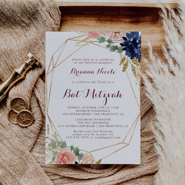 Invitación Rustic Gold Leaves Calligraphy Bat Mitzvah (Subido por el creador)