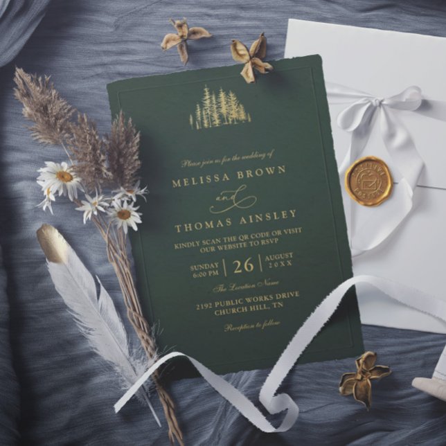 Invitación Rustic Gold Trees Pine Minimalist QR Code Wedding  (Subido por el creador)