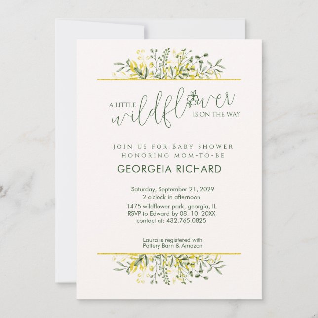 Invitación Rustic Golden Frame Wildflower on Way  Baby Shower (Anverso)