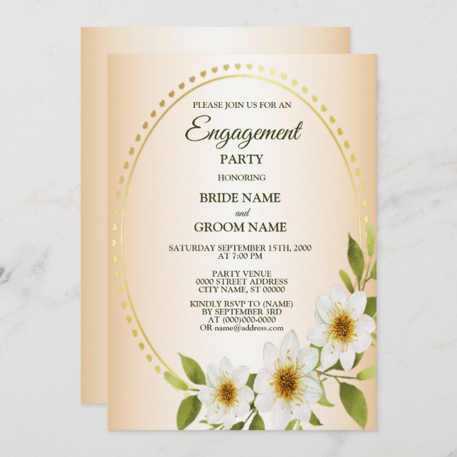 Invitación Rustic Golden White Floral Peach Engagement Party (Anverso / Reverso)