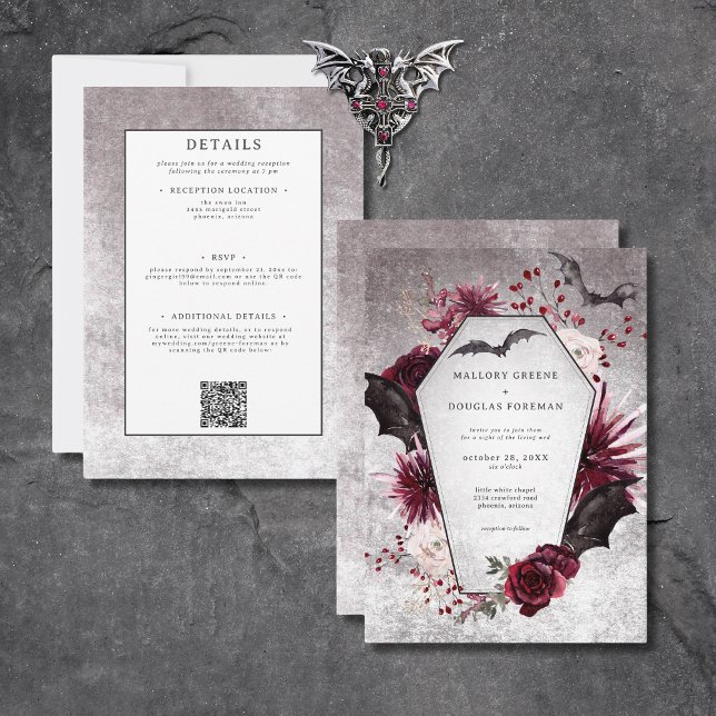 Invitación Rustic Gothic Black Burgundy Halloween de dos lado (Rustic Gothic Black Burgundy Halloween All In One Invitation)