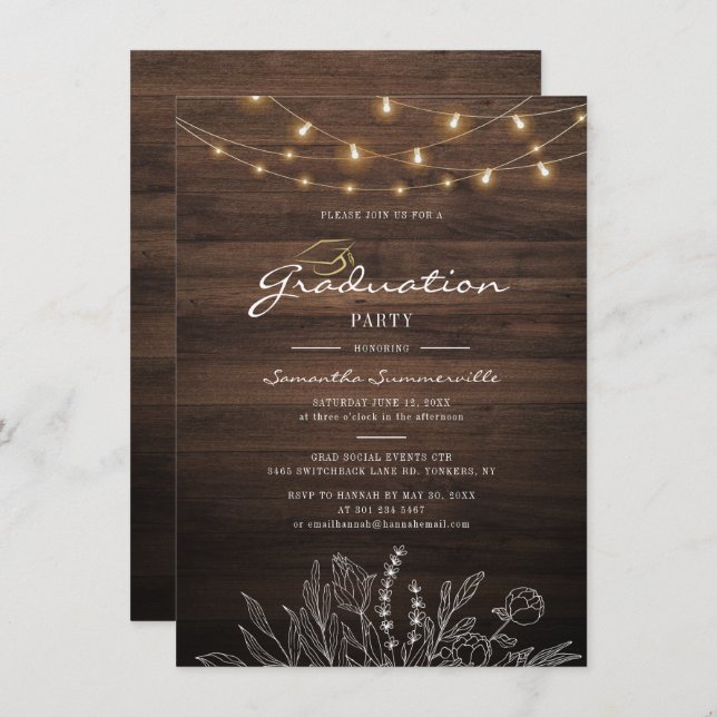 Invitación Rustic Graduation Party 2022 String Lights (Anverso / Reverso)