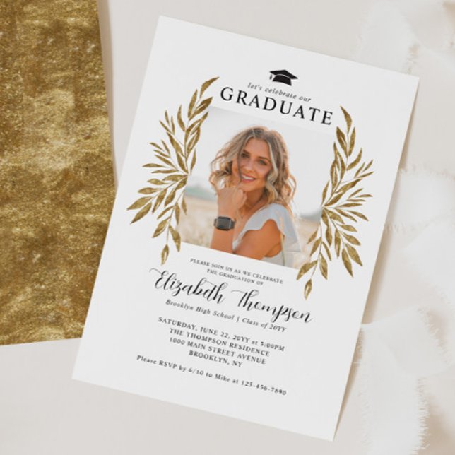 Invitación Rustic Graduation Party Modern Gold Leaves Photo  (Subido por el creador)