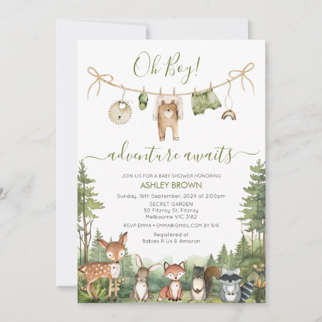 Invitación Rustic Green Adventure Awaits Baby Shower  (Anverso)