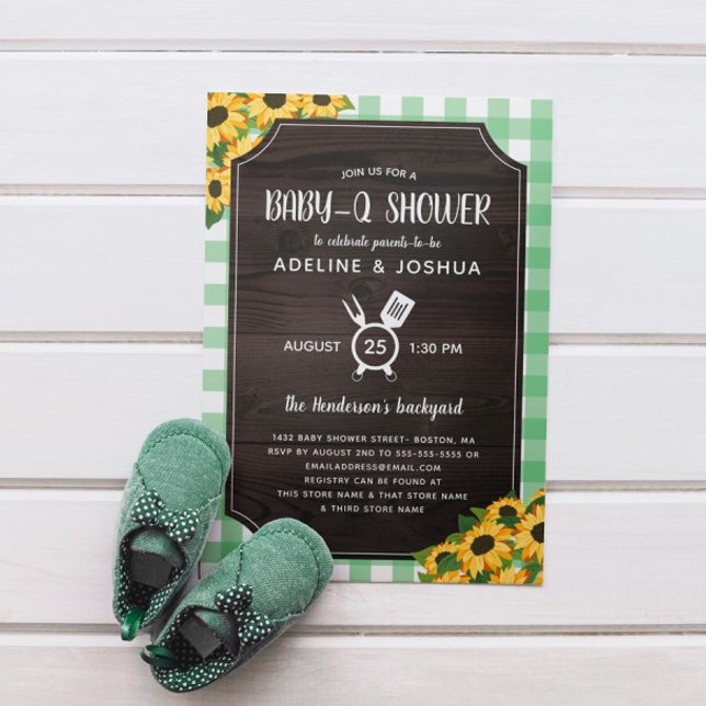 Invitación Rustic Green Gingham Sunflowers Baby-Q Shower (Subido por el creador)