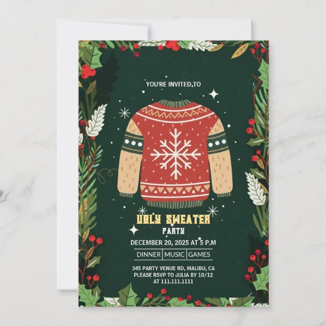 Invitación Rustic Green Ugly Christmas Sweater Party (Anverso)