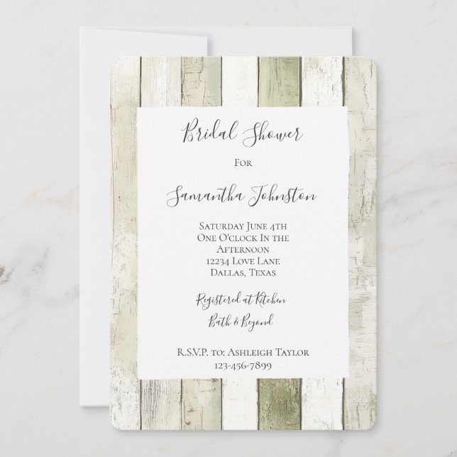 Invitación Rustic Green White Faux Wood Bridal Shower (Anverso)