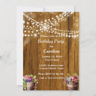 Invitación Rustic Hanging Lights Wine Barrels Birday Party