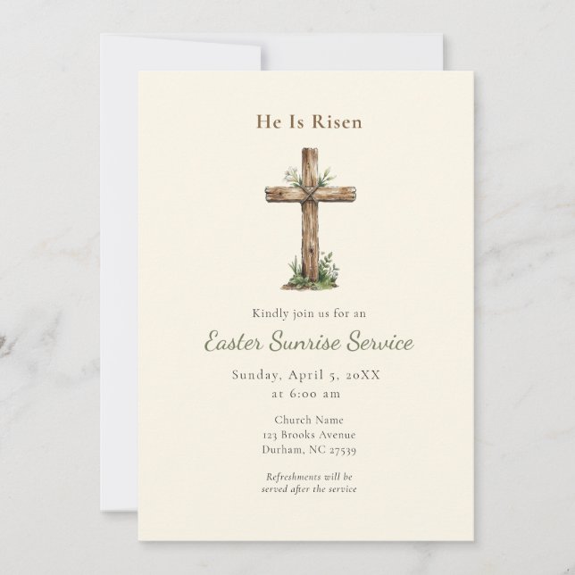Invitación Rustic He is Risen Cross Easter Sunrise service (Anverso)