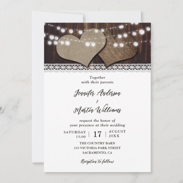 Invitación Rustic Hearts String Lights Lace Barn Wood Boda (Anverso)