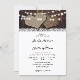 Invitación Rustic Hearts String Lights Lace Barn Wood Boda