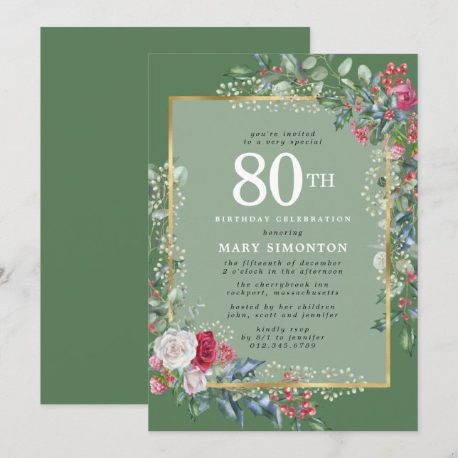 Invitación Rustic Holly Berries Botánica 80th Birthday Party (Anverso / Reverso)