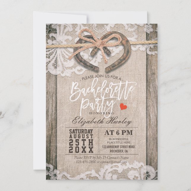 Invitación Rustic Horseshoes Burlap Lace Bachelorette Party (Anverso)