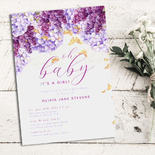 Invitación Rustic Hydrangea Lilac Butterfly Chica Baby Shower