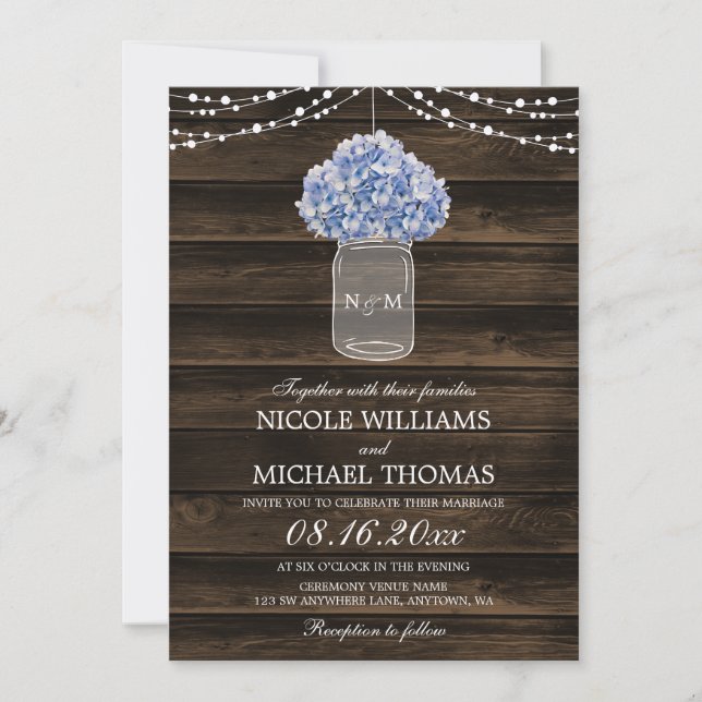 Invitación Rustic Hydrangea Mason Jar Barn Wood Boda (Anverso)