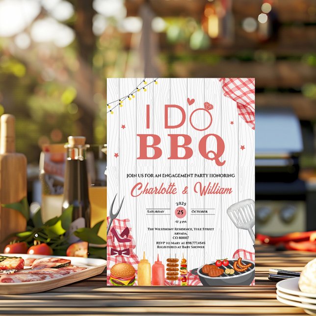 Invitación Rustic i Do BBQ Plaid Engagement Party (i do bbq rustic country barbecue engagement party string lights sunflowers wood floral bam couple)