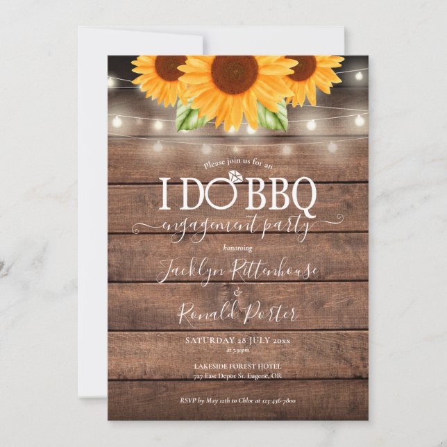 Invitación Rustic I Do BBQ Sunflower String Lights Engagement (Anverso)