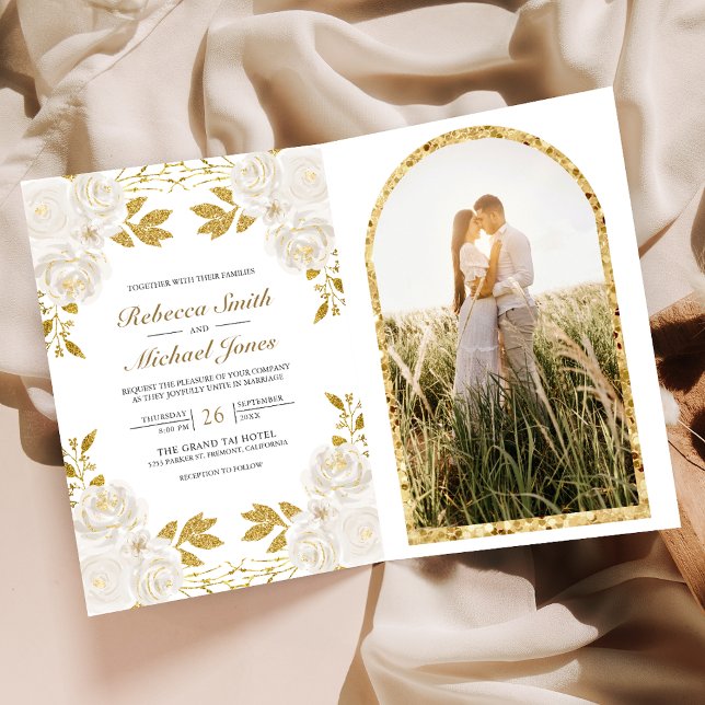 Invitación Rustic Ivory Floral Gold Glitter QR Code Wedding (Subido por el creador)