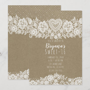 Invitación Rustic Kraft  Encaje Granja Dulces 16 Cumpleaños