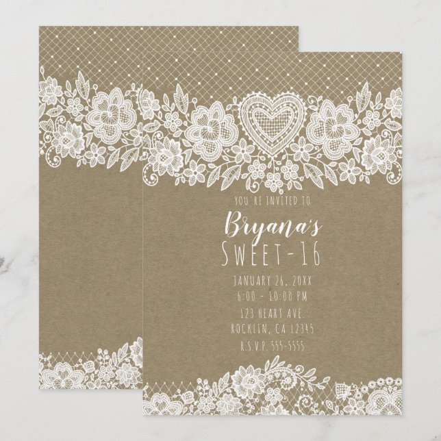 Invitación Rustic Kraft  Encaje Granja Dulces 16 Cumpleaños (Anverso / Reverso)