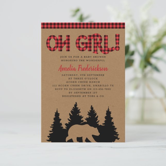 Invitación Rustic Kraft Plaid Oh Chica Baby Shower (Anverso de pie)